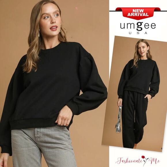 Umgee Crew Neck Long Sleeves Pleated Detail Relaxed Casual Sweatshirt | Black - Picture 1 of 6